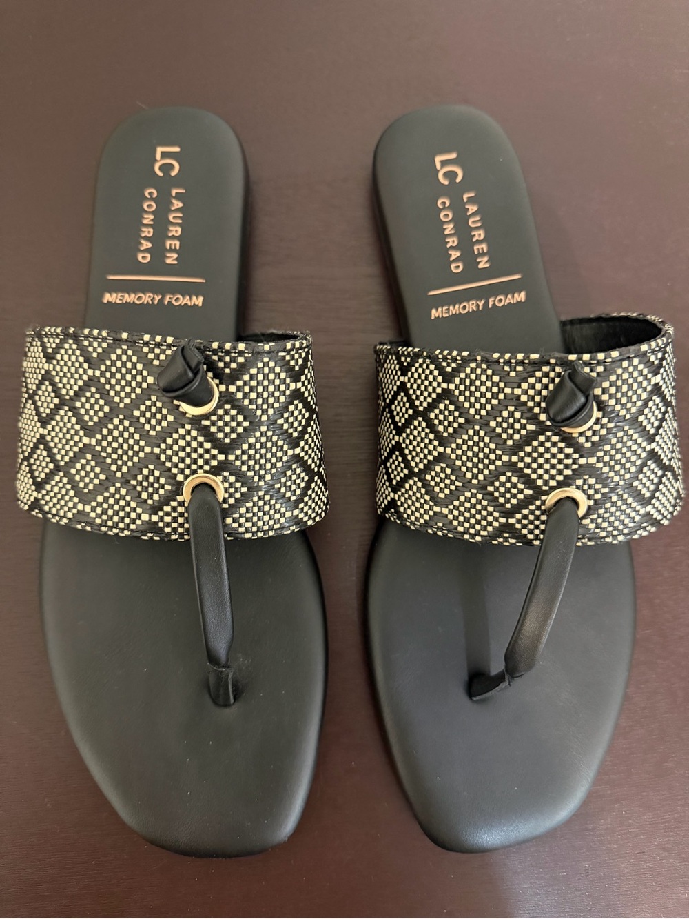 Lauren Ralph Lauren Black and Gold Woven TStrap Sandals